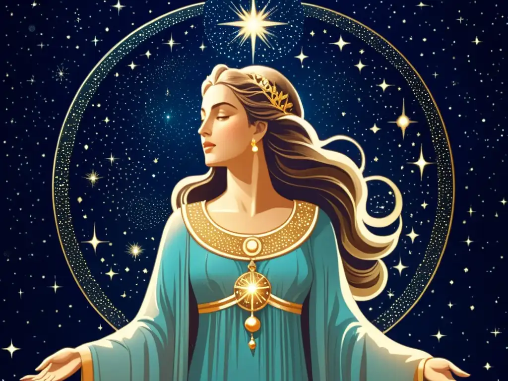 Una ilustración detallada de una diosa celestial rodeada de constelaciones y criaturas míticas, evocando un encanto cósmico