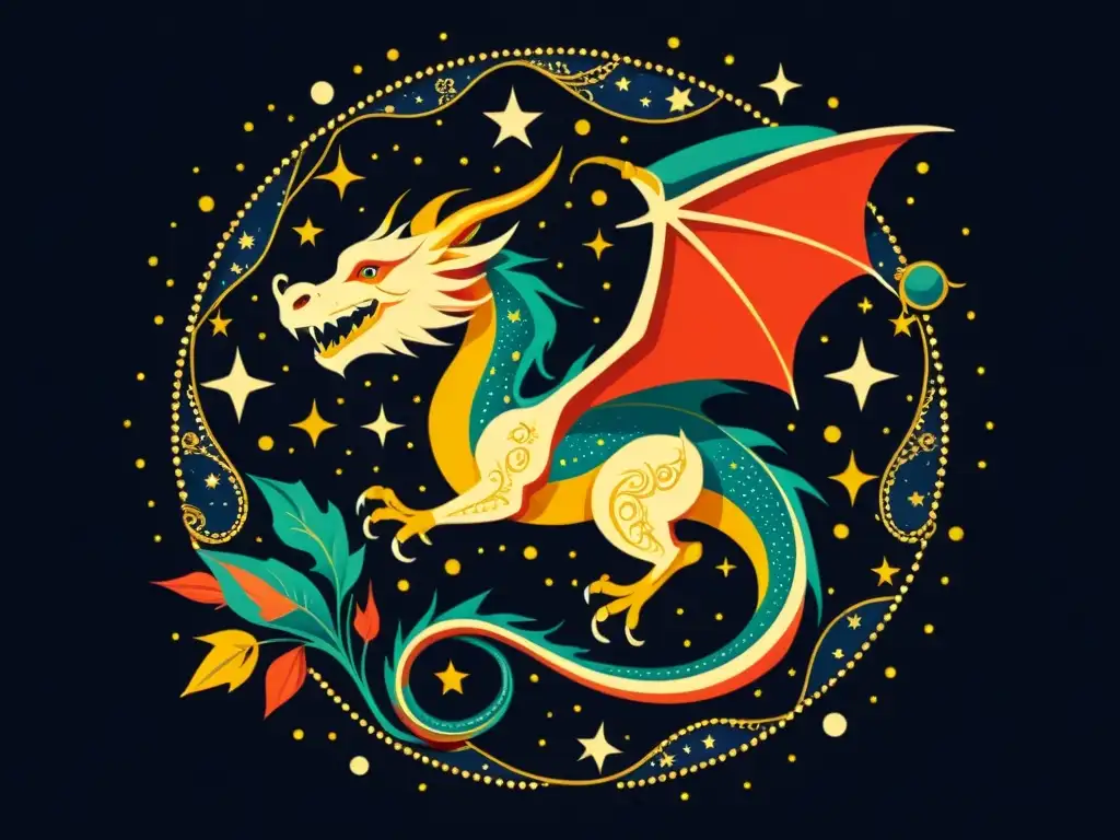 Una ilustración detallada al estilo vintage de la constelación Draco, representada como un poderoso dragón entre estrellas brillantes