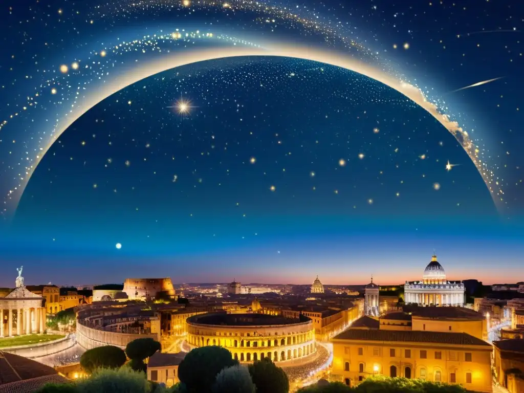 Una ilustración detallada al estilo vintage que muestra la constelación de Venus sobre la antigua ciudad de Roma, con los edificios y puntos de referencia visibles debajo y la constelación brillando en el cielo nocturno