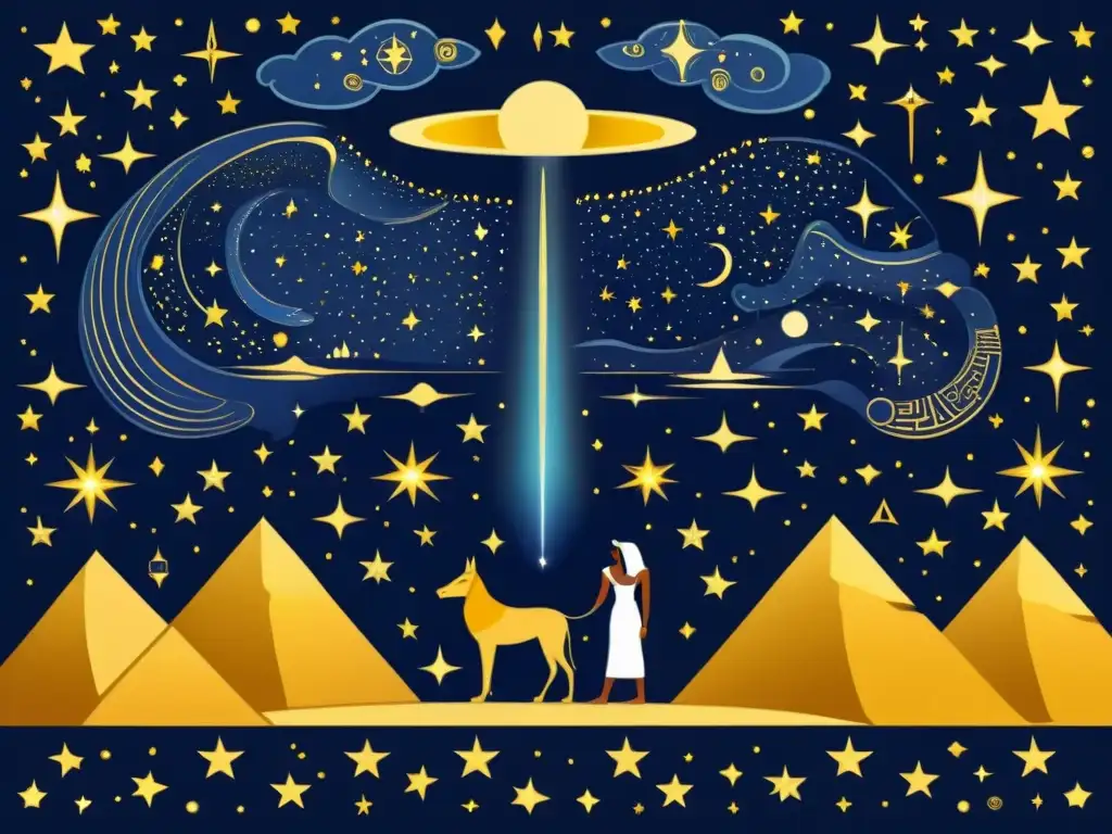 Una ilustración detallada al estilo vintage del cielo nocturno con constelaciones, presentando figuras mitológicas egipcias como Osiris, Isis y Anubis