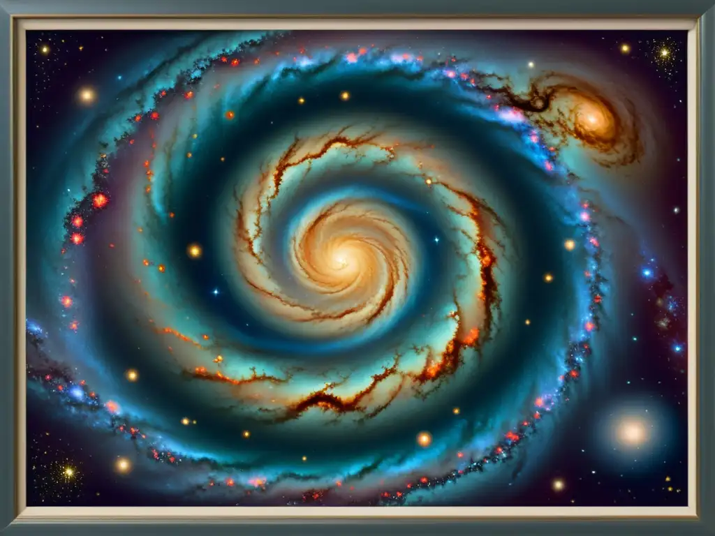 Una ilustración detallada de una galaxia espiral con colores profundos y detalles intrincados, rodeada de motivos celestiales