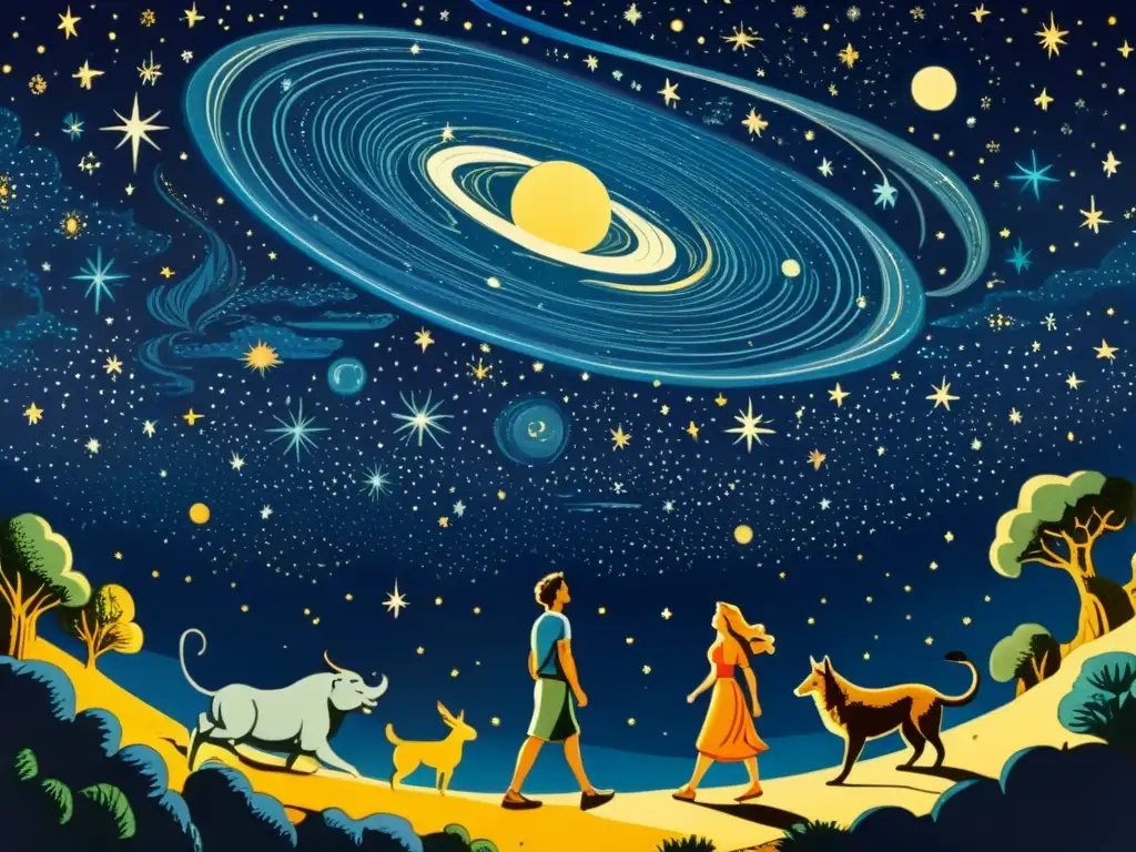 Ulises enfrenta monstruos y dioses bajo el cielo estrellado Una ilustración detallada de Ulises enfrentando monstruos y dioses bajo un cielo estrellado, con constelaciones y cuerpos celestes