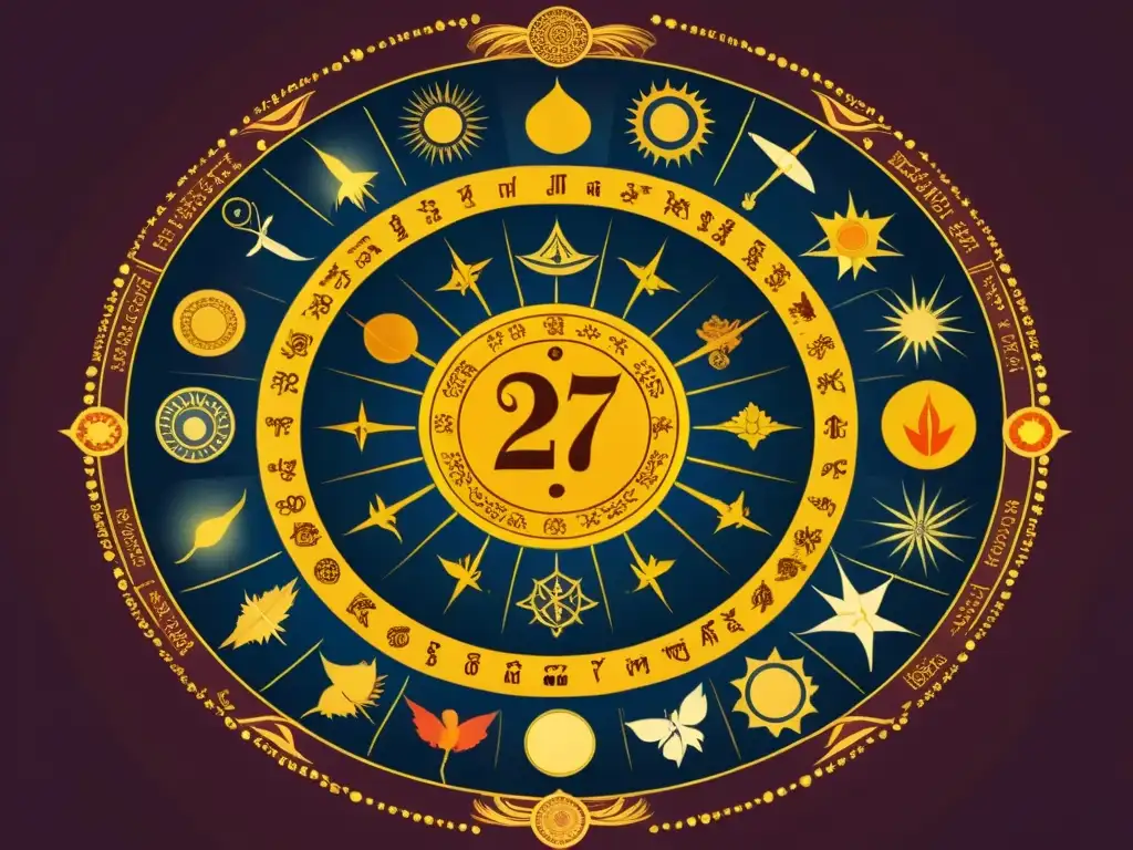 Una ilustración detallada de los 27 Nakshatras en un patrón circular, con deidades asociadas, en tonos terrosos y detalles dorados, representando la naturaleza celestial y divina de los Nakshatras en el zodíaco védico