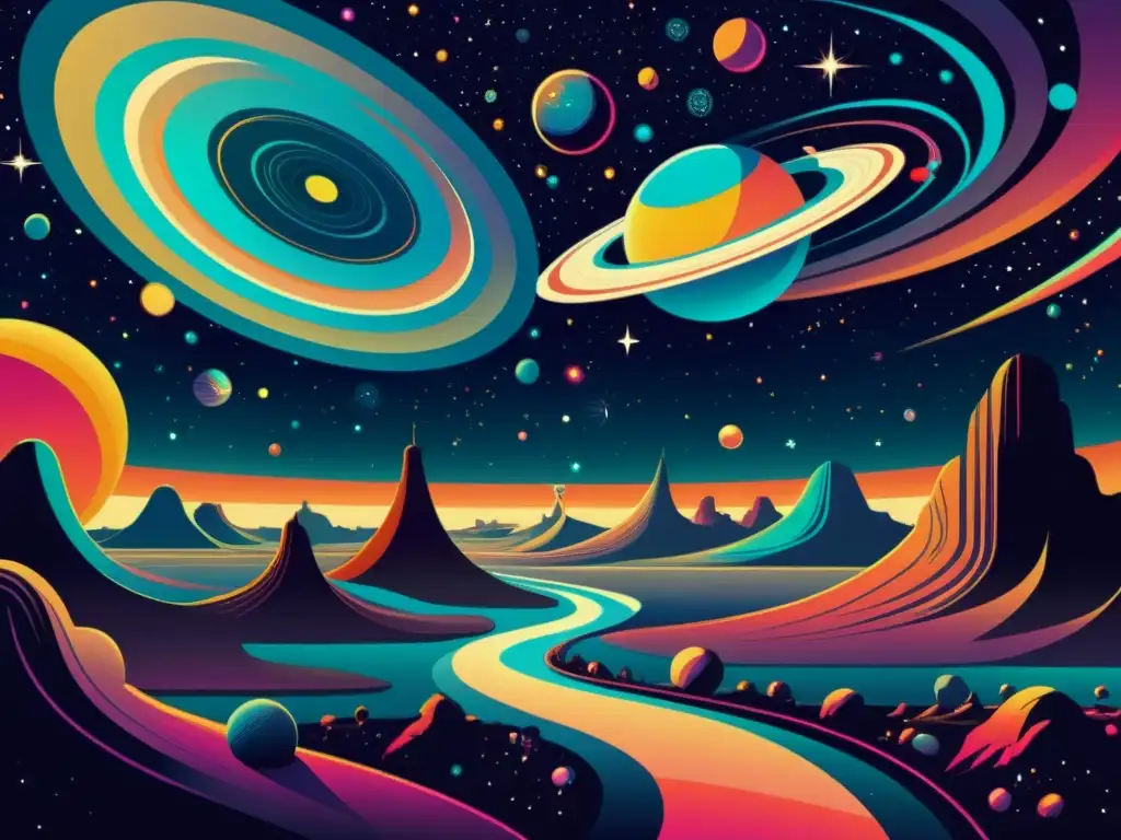 Una ilustración detallada de un paisaje cósmico vintage, con galaxias, nebulosas y una nave espacial retrofuturista