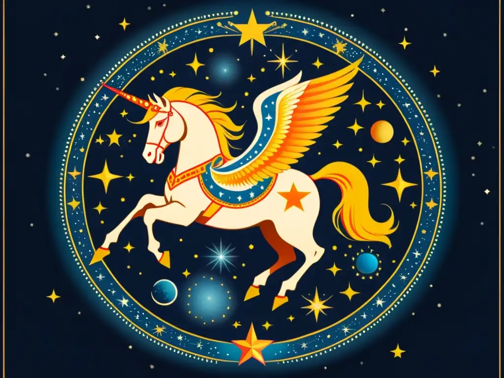 Una ilustración detallada de la constelación Pegaso, con la estrella Markab resaltada y rodeada de figuras y símbolos mitológicos