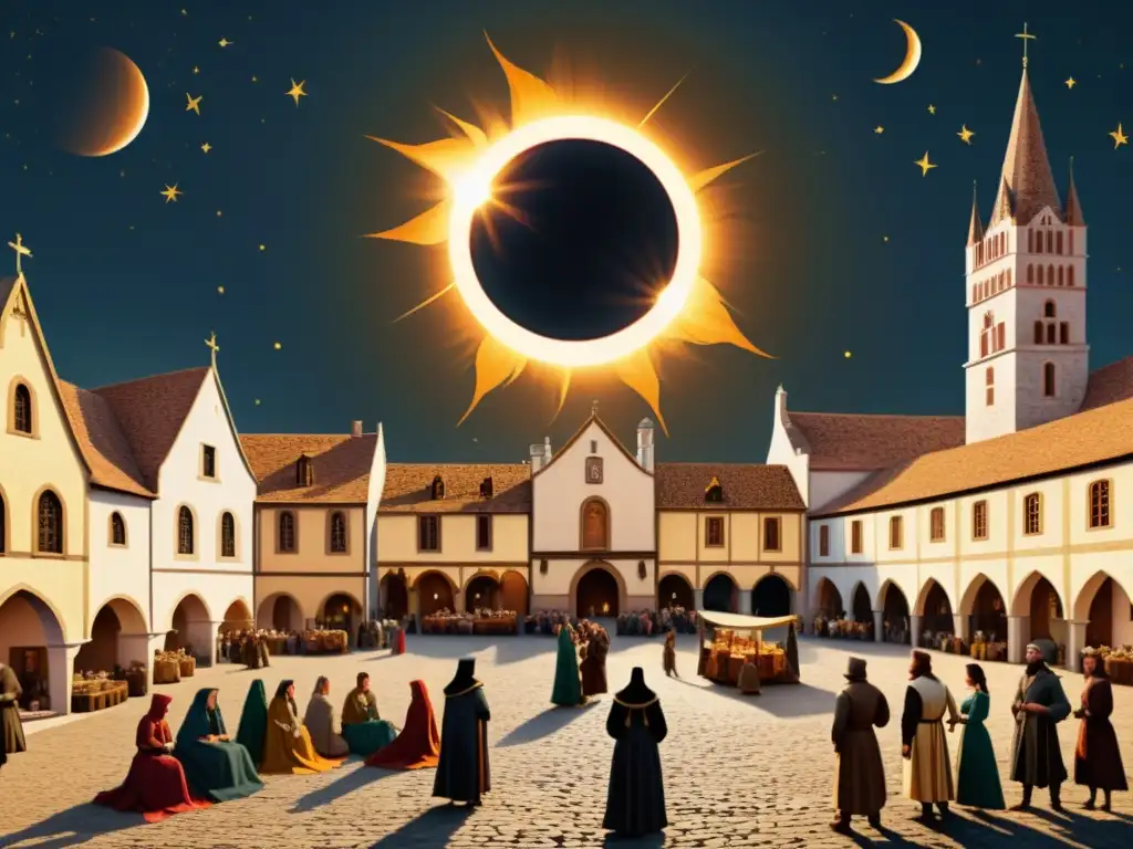 Una ilustración detallada de una plaza medieval con gente asombrada durante un eclipse solar