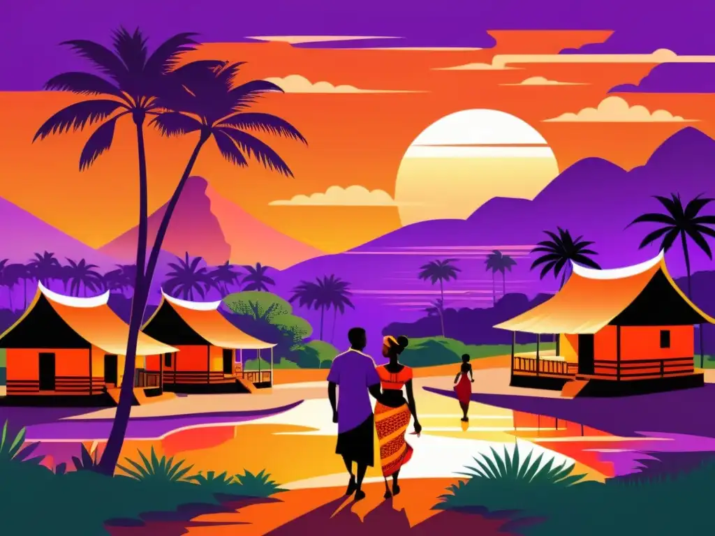 Una ilustración detallada de un pueblo africano tradicional al atardecer, con colores vibrantes de naranja y púrpura iluminando el cielo