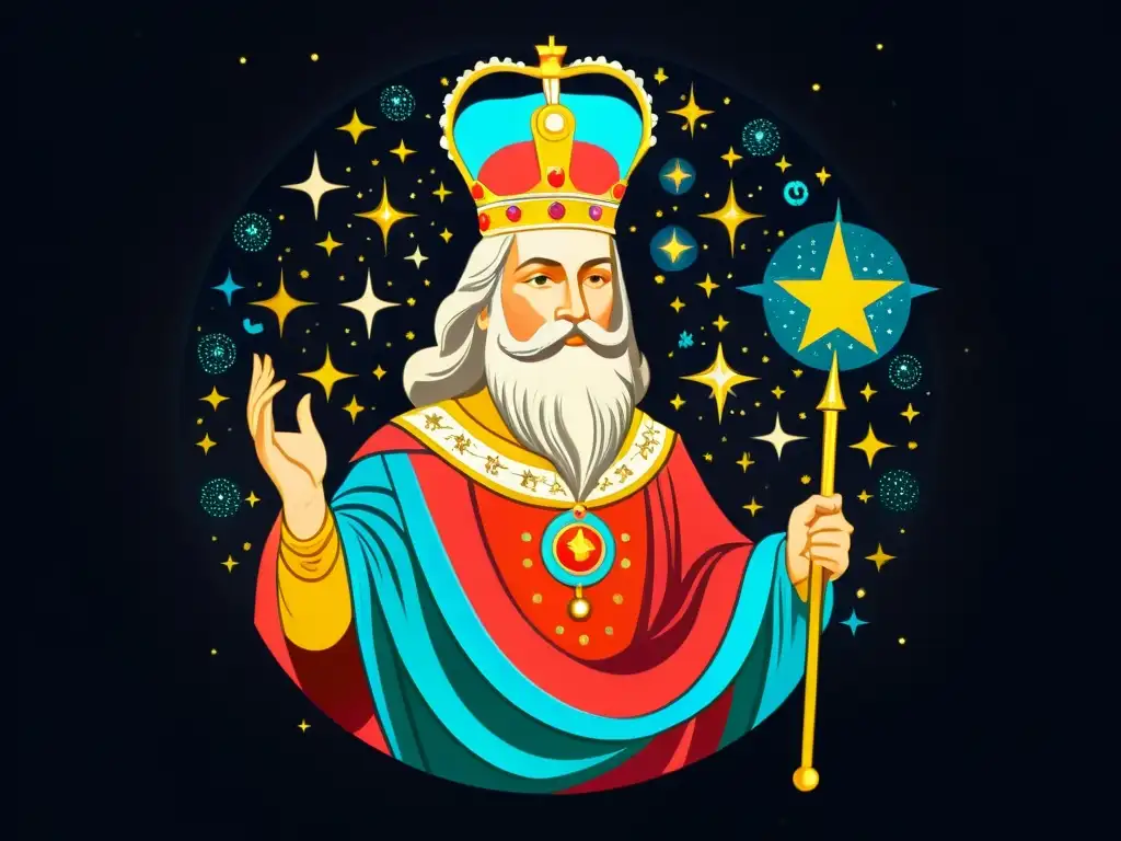 Una ilustración detallada de la constelación de Cefeo, con el rey en atuendo real, rodeado de estrellas