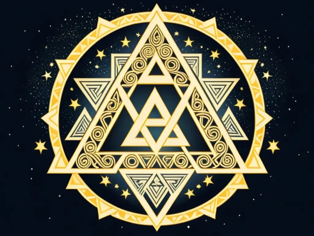 Una ilustración detallada del Valknut entrelazado con constelaciones celestiales, evocando misterio y sabiduría antigua