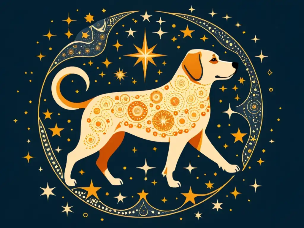 Una ilustración detallada y vintage de la constelación Canis Major, mostrando la brillante estrella Adhara rodeada de símbolos y relatos mitológicos