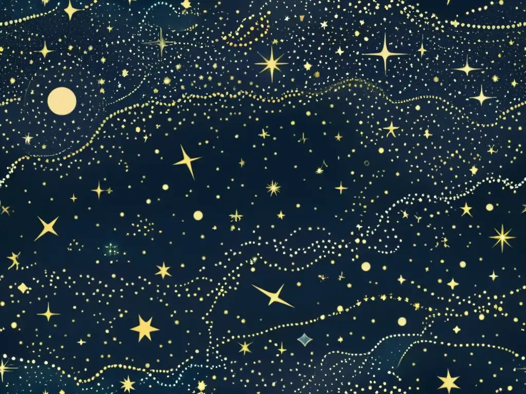 Una ilustración detallada y vintage del cielo nocturno con constelaciones prominentes como Orión, la Osa Mayor y Casiopea, en ricos y profundos colores contra un fondo estrellado