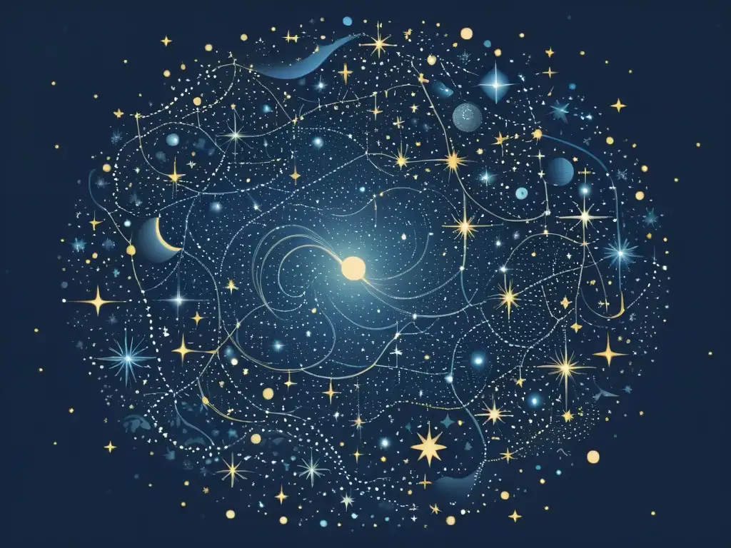 Una ilustración detallada y vintage del cielo nocturno lleno de constelaciones, con estrellas que brillan suavemente en un fondo azul marino