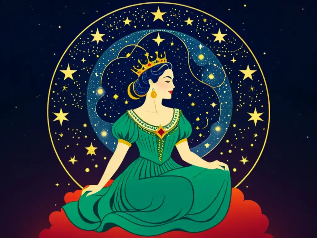 Una ilustración detallada y vintage de la constelación de Casiopea, con la reina Casiopea en su trono rodeada de esplendor celestial