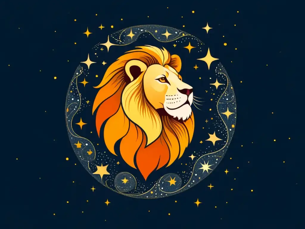 Una ilustración detallada y vintage de la constelación de Leo, con colores cálidos y majestuosa postura, brilla en el firmamento estrellado