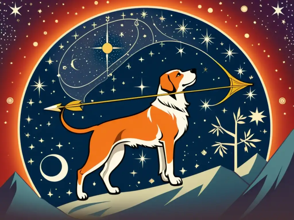 Una ilustración detallada y vintage de la constelación de Orión, con una interpretación mitológica de estrellas como un poderoso cazador con arco y flecha, acompañado por su fiel perro Sirio