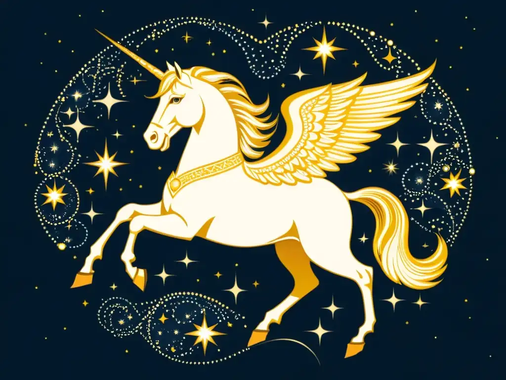 Una ilustración detallada y vintage de la constelación de Pegaso, con estrellas brillantes formando la figura del mítico caballo alado