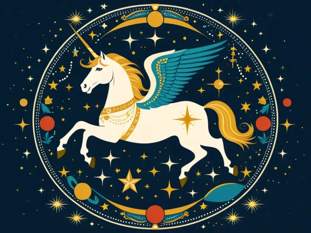 Una ilustración detallada y vintage de la constelación de Pegaso y la galaxia de Andrómeda entrelazadas, con Alpheratz en el centro, rodeada de elementos mitológicos griegos