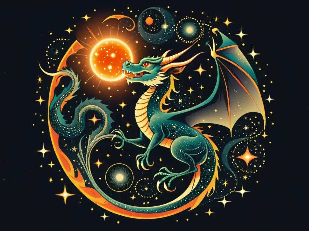 Una ilustración detallada y vintage de la constelación Draco, con un majestuoso dragón entre las estrellas