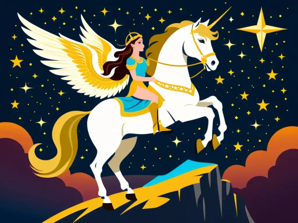 Una ilustración detallada y vintage de la princesa Andrómeda y el caballo alado Pegaso, con la estrella Alpheratz brillando en el cielo nocturno