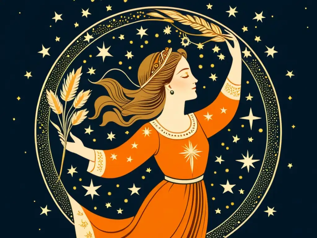 Una ilustración detallada y vintage de la constelación Virgo, con la doncella rodeada de estrellas y elementos celestiales en tonos cálidos y terrosos, evocando historia y mitología