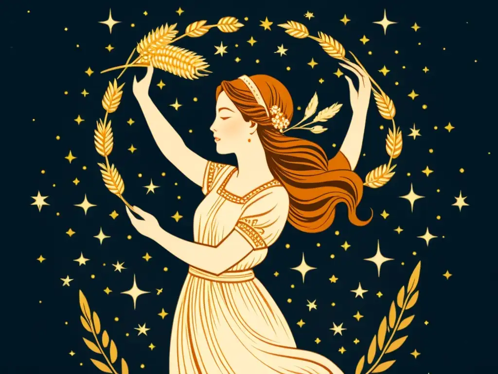 Una ilustración detallada de la constelación Virgo, mostrando a una serena doncella sosteniendo una gavilla de trigo, rodeada de estrellas