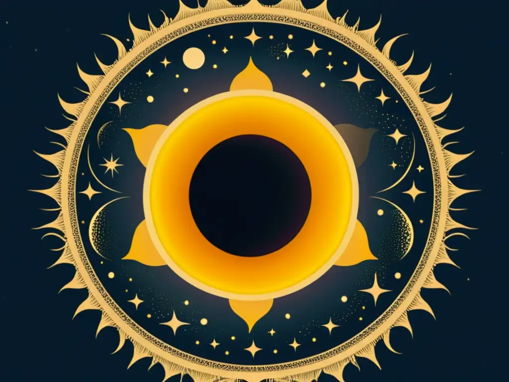 Una ilustración vintage de un eclipse solar con detalles intrincados de la corona y los cuerpos celestes en el espacio circundante