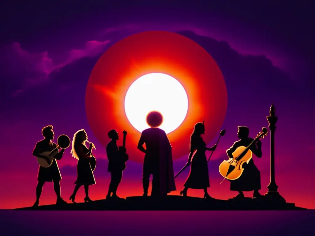 Una ilustración vintage de un eclipse solar rodeado de instrumentos musicales y personajes épicos, con tonos rojos y morados dramáticos