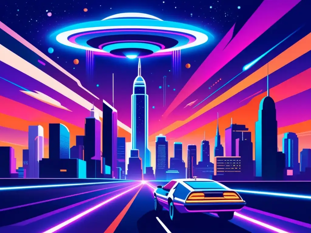 Una ilustración al estilo de un póster vintage de una ciudad futurista e intergaláctica con rascacielos, autos voladores y luces de neón