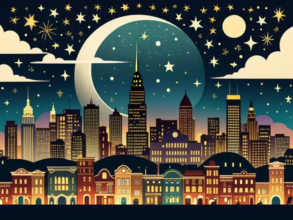 Una ilustración de estilo vintage de una bulliciosa ciudad nocturna con estrellas y mitos en literatura contemporánea, llena de misterio y encanto