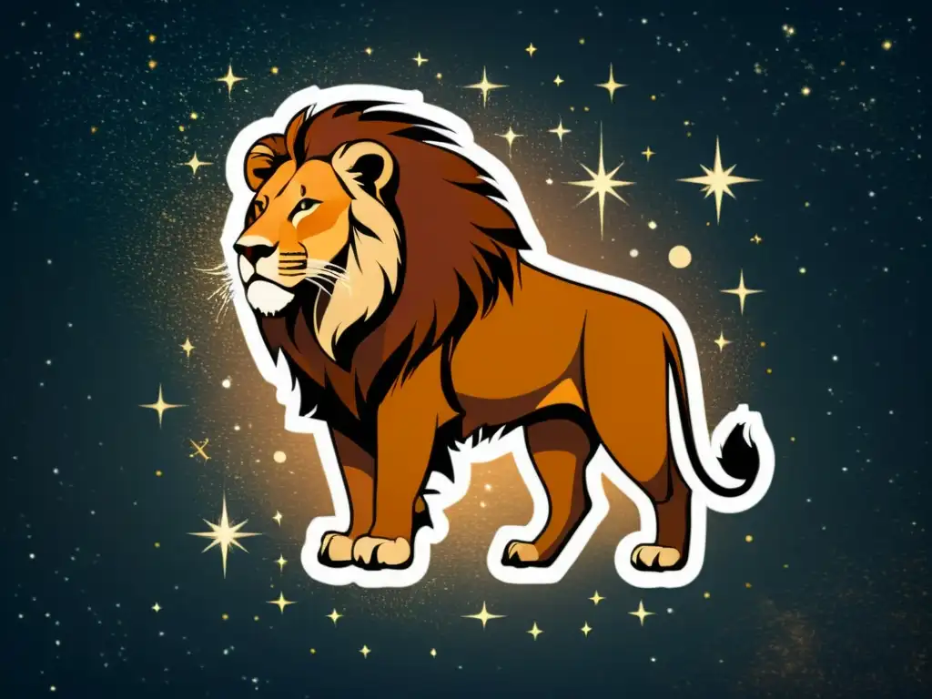 Una ilustración estilo vintage de la constelación de Leo, con detalles intrincados de la melena del león y las estrellas formando su contorno