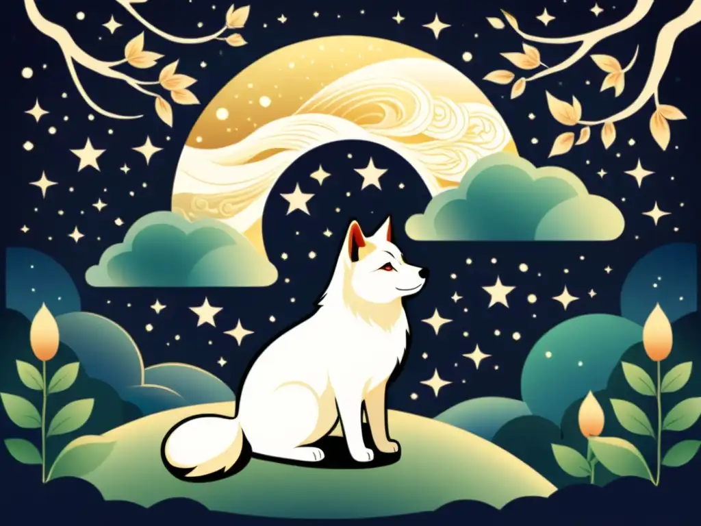 Una ilustración estilo vintage de la Inari Okami, una deidad serena y elegante rodeada de un exuberante cielo estrellado