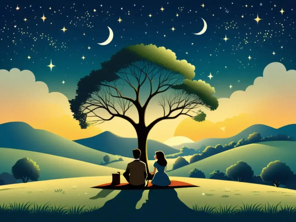 Una ilustración estilo vintage de una escena serena nocturna con una pareja bajo un árbol, iluminados por la luna llena