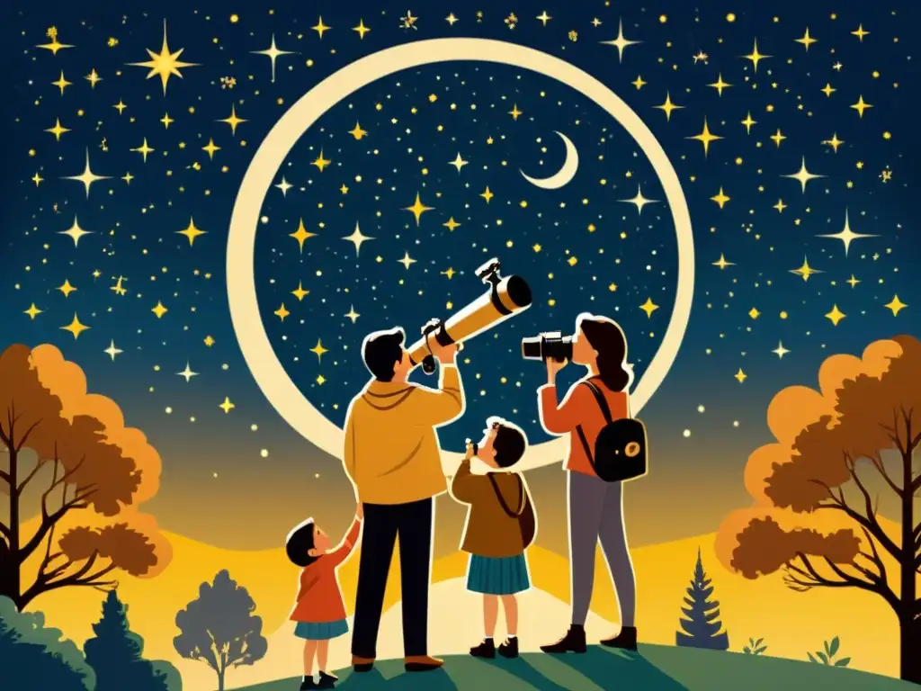 Una ilustración estilo vintage de una familia observando el cielo nocturno a través de un telescopio en su patio trasero