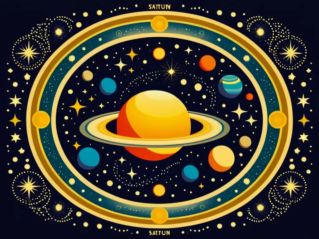 Una ilustración de estilo vintage de Saturno y otros cuerpos celestes en el espacio, con detalles intrincados en los anillos de Saturno y la textura de las estrellas