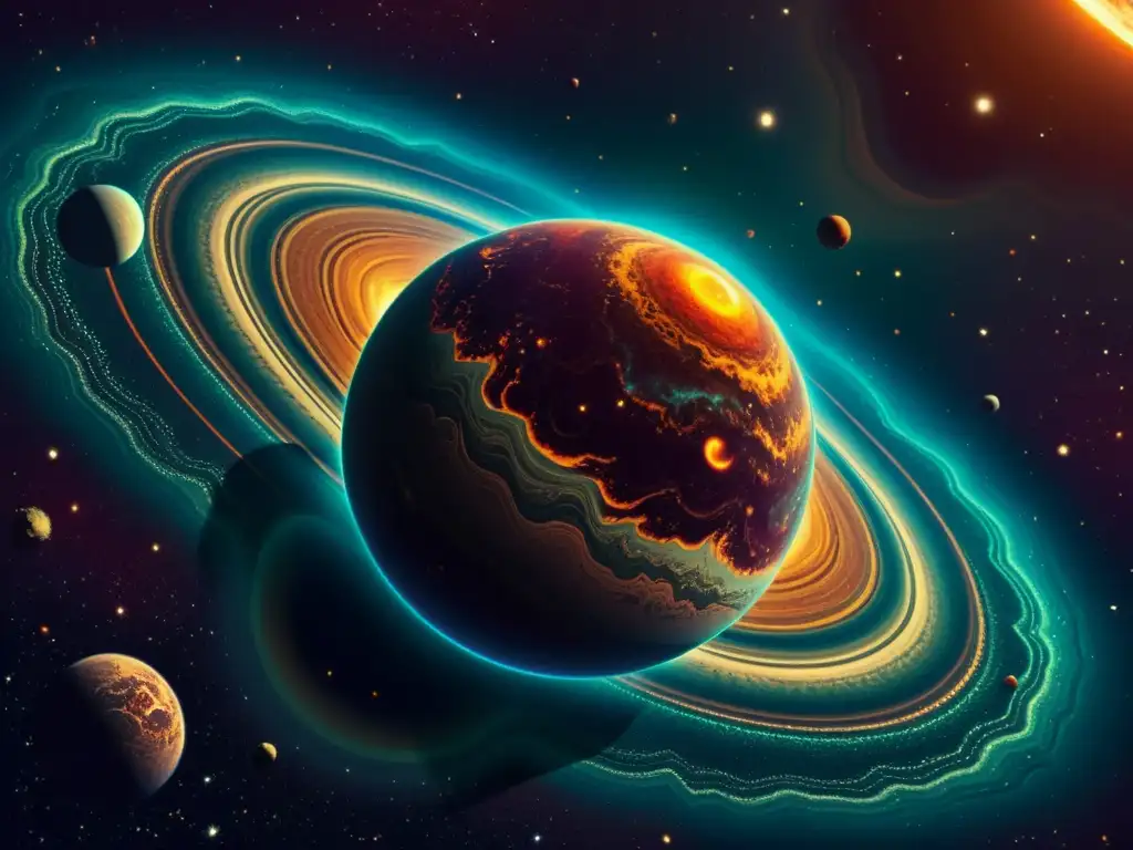 Exoplaneta vintage: misterio y maravilla Una ilustración vintage de un exoplaneta distante, con colores profundos y detalles intrincados, junto a un cosmos estrellado