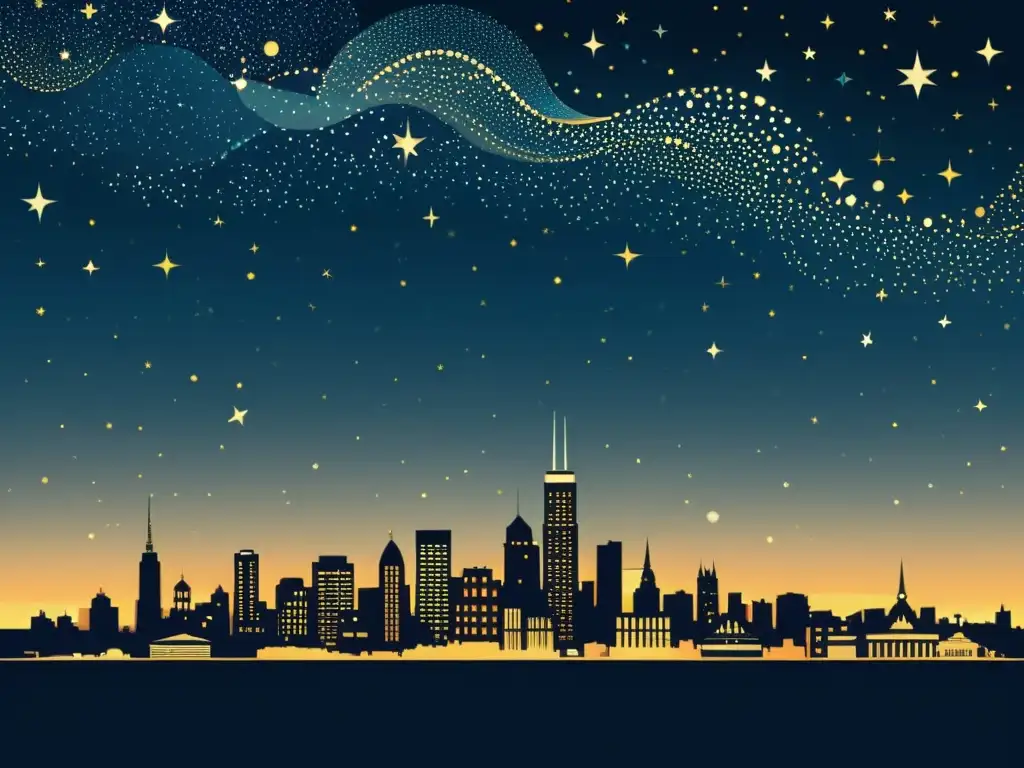 Una ilustración vintage de un horizonte de ciudad nocturno, con estrellas brillando sobre las luces de la ciudad