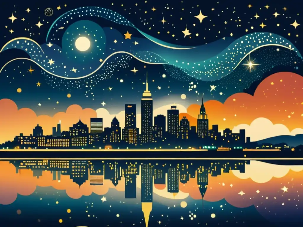 Una ilustración vintage de un horizonte de ciudad nocturno con rascacielos iluminados y su influencia en la astrología urbana