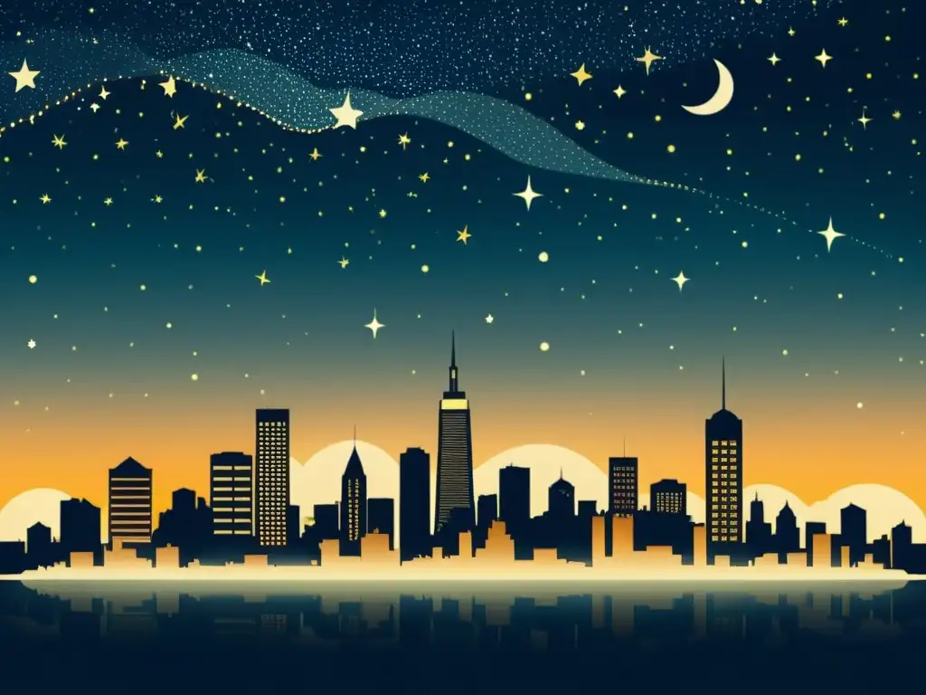 Una ilustración vintage de un horizonte de ciudad nocturno, con luces artificiales brillantes que ocultan las estrellas en el cielo