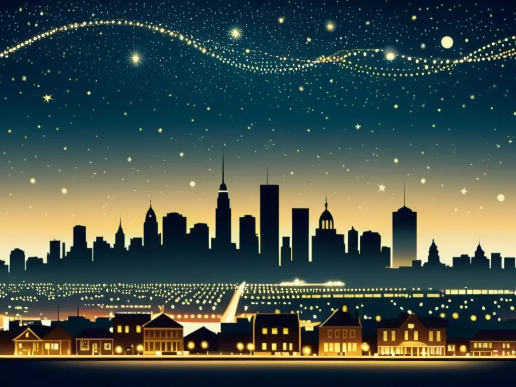 Una ilustración vintage de un horizonte urbano de noche, con luces brillantes que ocultan las estrellas en el cielo