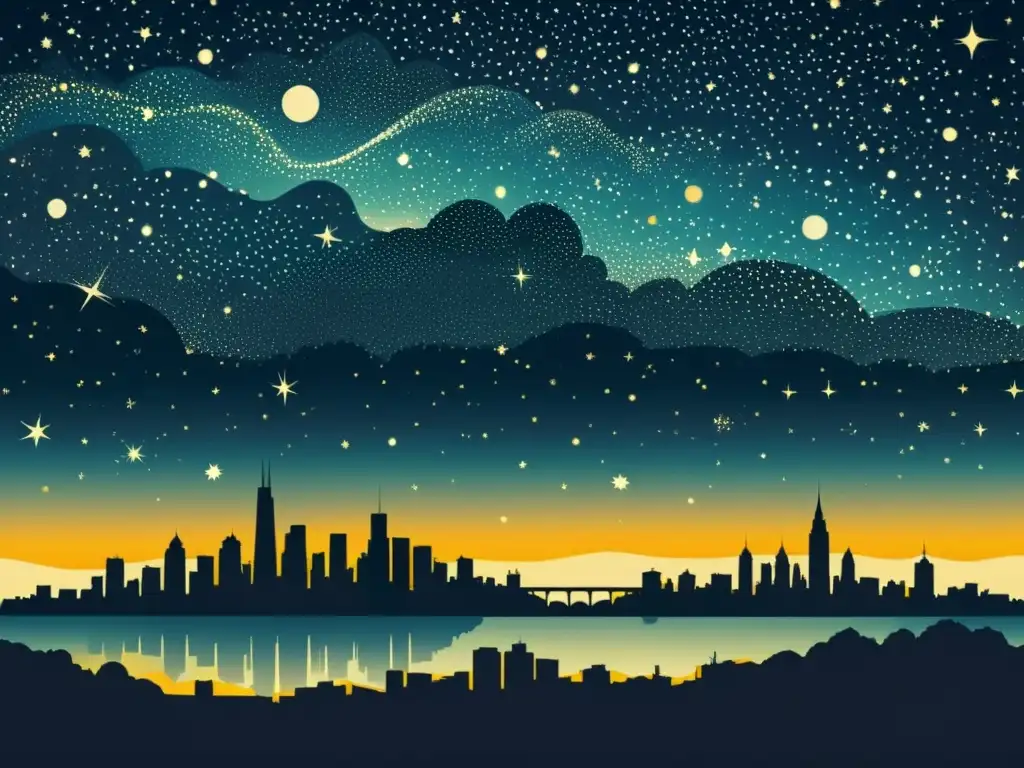 Una ilustración vintage de un horizonte urbano nocturno, con luces artificiales dramáticas que ocultan las estrellas en el cielo