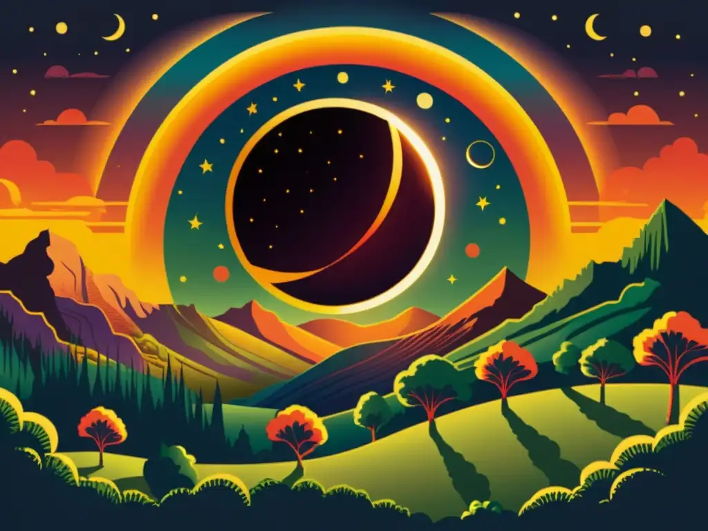 Una ilustración impactante de un eclipse solar en la mitología indígena, con colores vibrantes y detalles intrincados