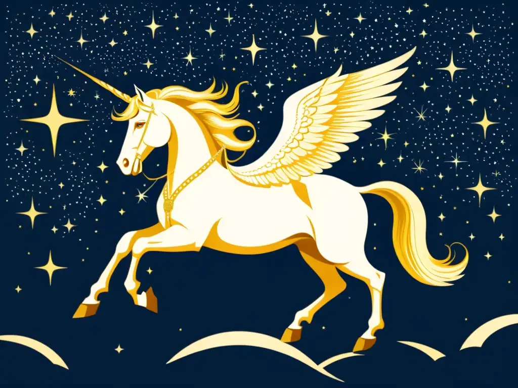 Una ilustración vintage impresionante de la constelación de Pegaso, evocando la mitología asociada a la constelación Pegaso en una noche estrellada