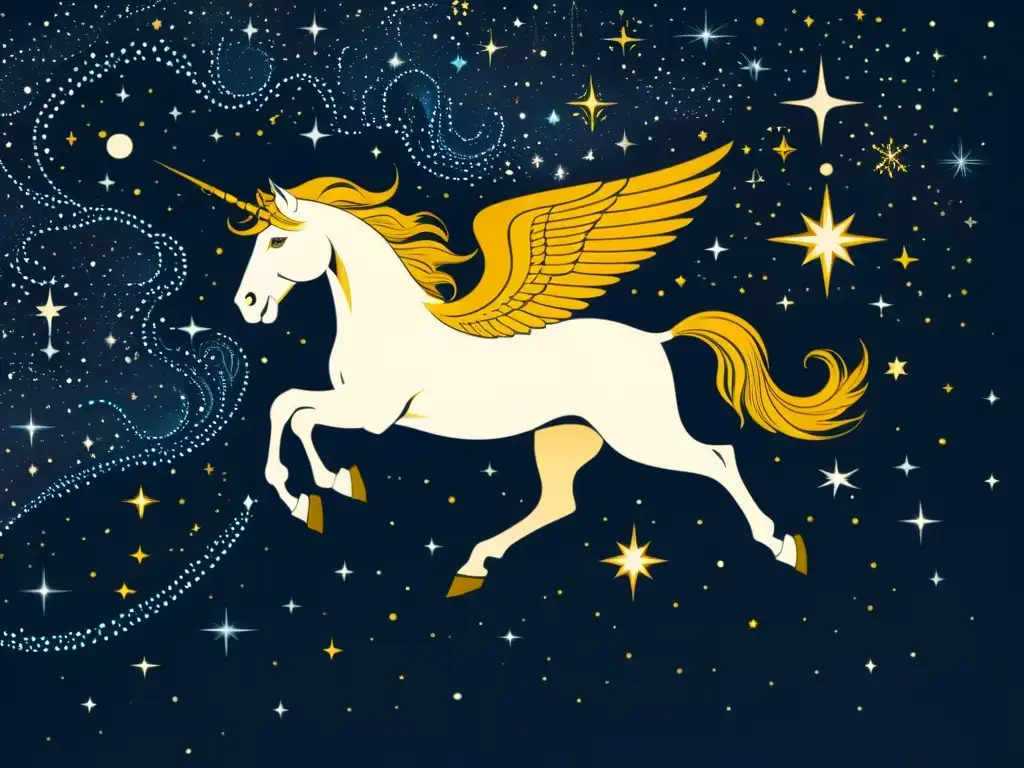 Una ilustración vintage impresionante de la constelación de Andrómeda y Pegaso, con detalles intrincados de estrellas y figuras mitológicas entrelazadas