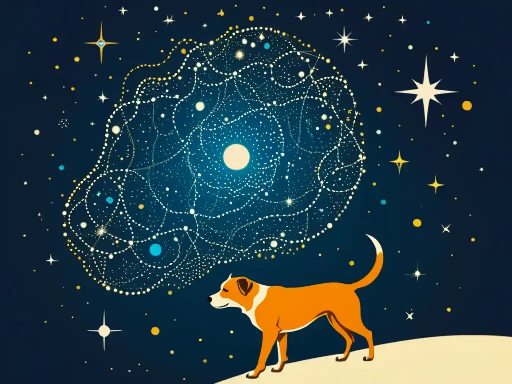 Una ilustración vintage impresionante de la constelación Canis Major, resaltando la estrella Adhara en toda su belleza y misticismo celestial