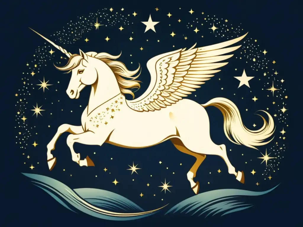 Una ilustración vintage impresionante de la constelación Pegaso, con la estrella Markab destacada en el cielo nocturno