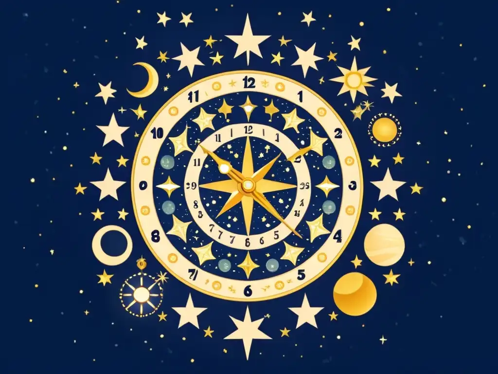 Una ilustración vintage de un intrincado reloj celestial con constelaciones y símbolos del zodíaco entrelazados en el diseño