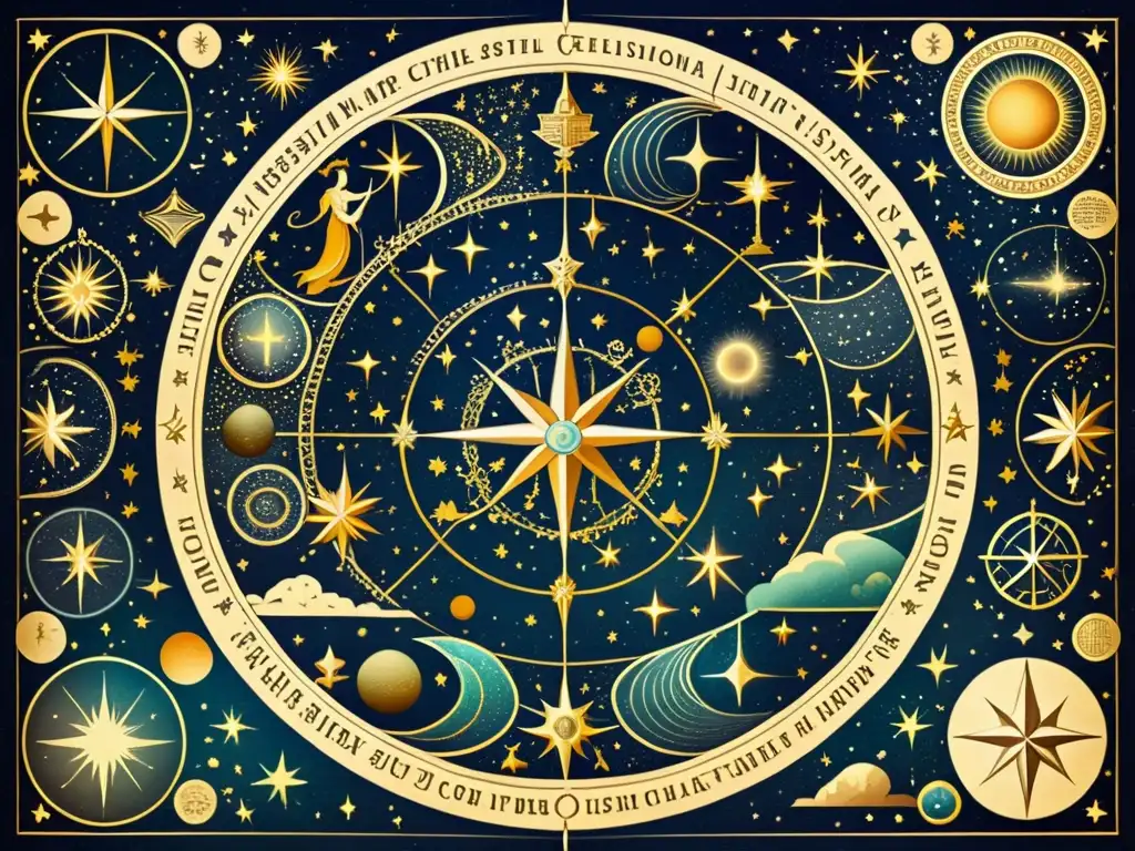 Una ilustración vintage de un mapa celestial, con constelaciones y figuras mitológicas entrelazadas con las estrellas