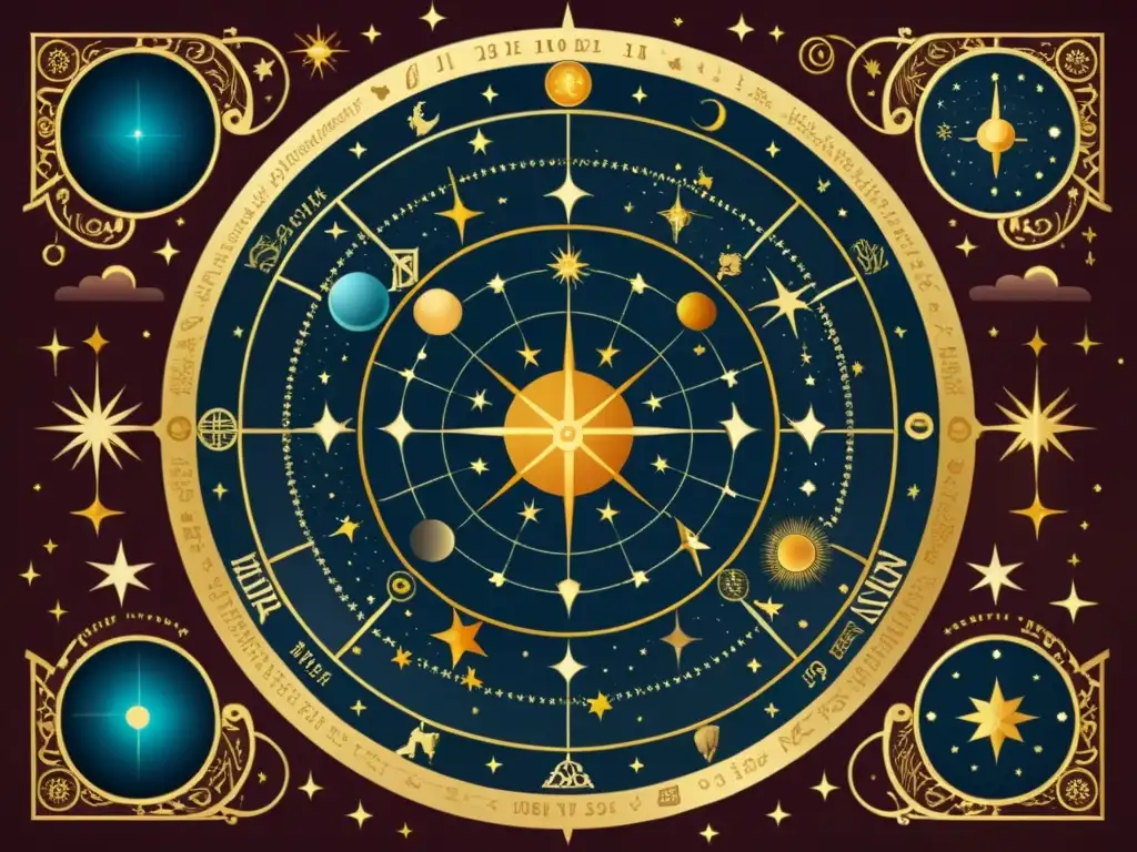 Una ilustración vintage de un mapa celestial con constelaciones, planetas y signos del zodíaco