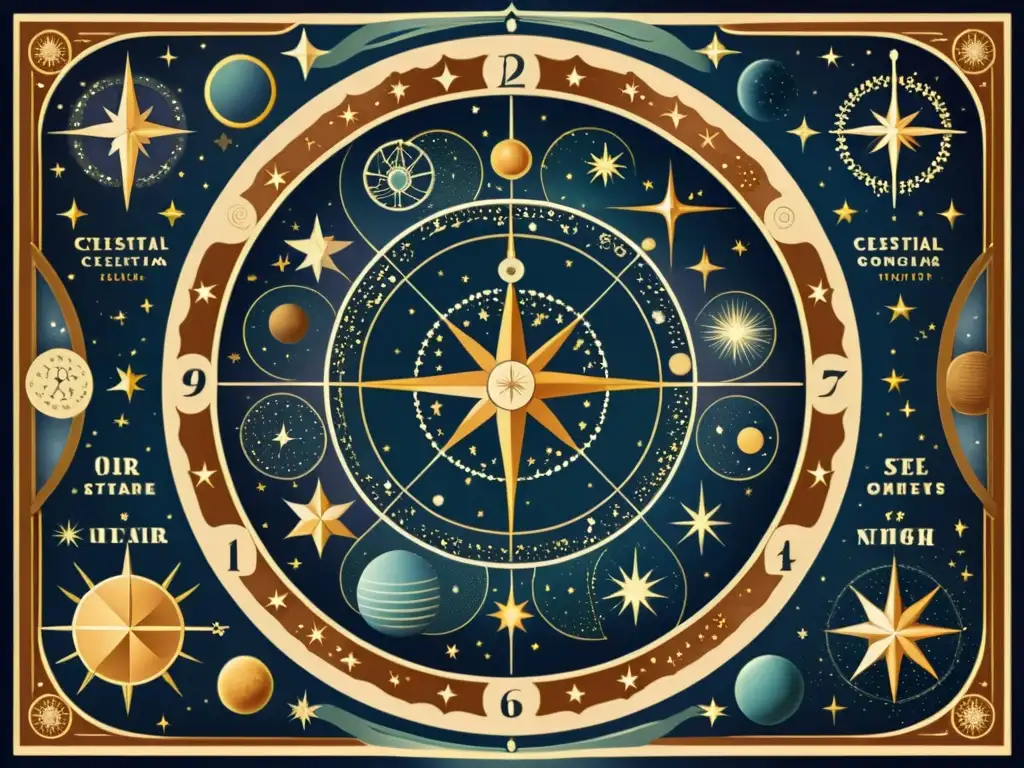 Una ilustración vintage de un mapa celestial detallado con constelaciones, estrellas y símbolos astronómicos en tonos terrosos