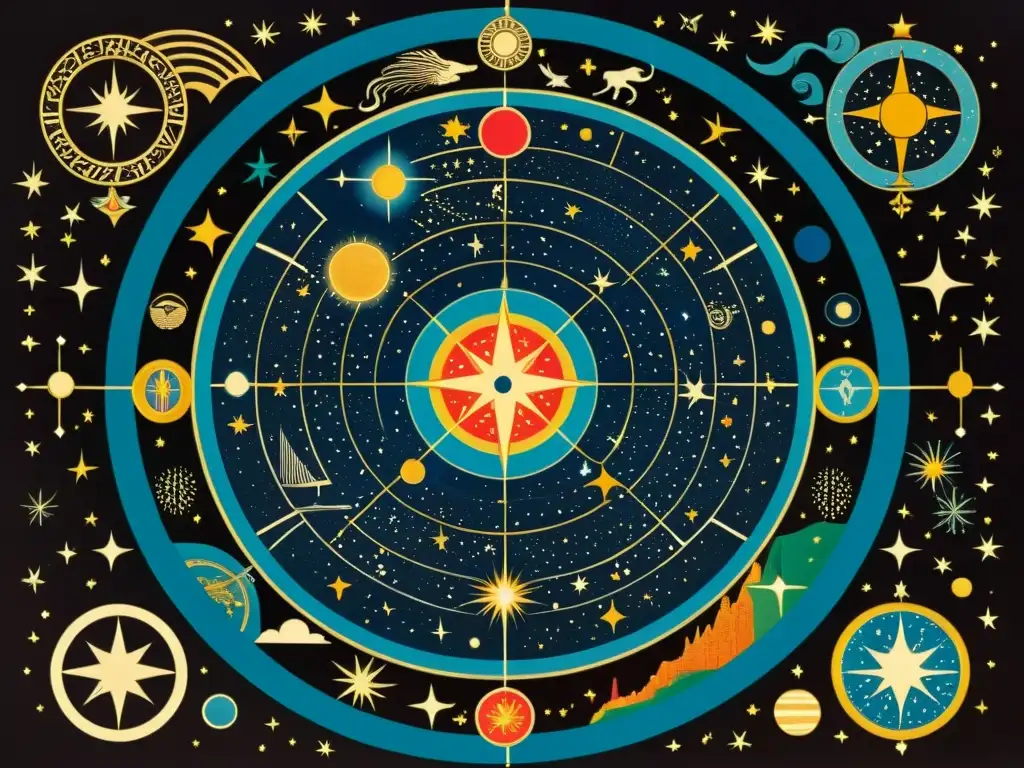 Una ilustración vintage de un mapa celestial detallado con constelaciones y figuras mitológicas, evocando un sentido de maravilla y misterio